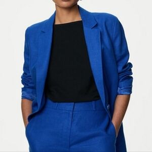 H&M Blue Linen Blend Single Breasted Blazer Size Small
